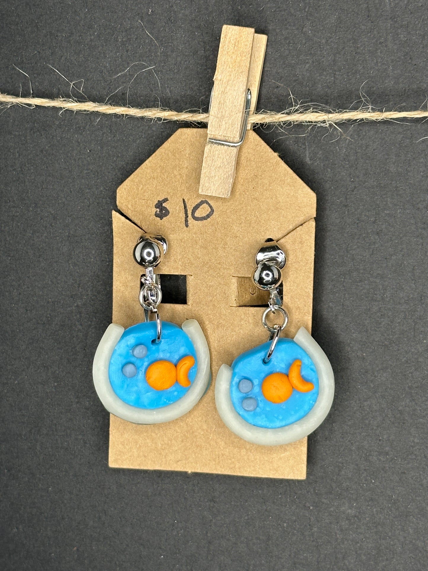 polymer clay fish bowl clip-on earrings