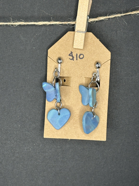 polymer clay butterfly and heart clip-on earrings